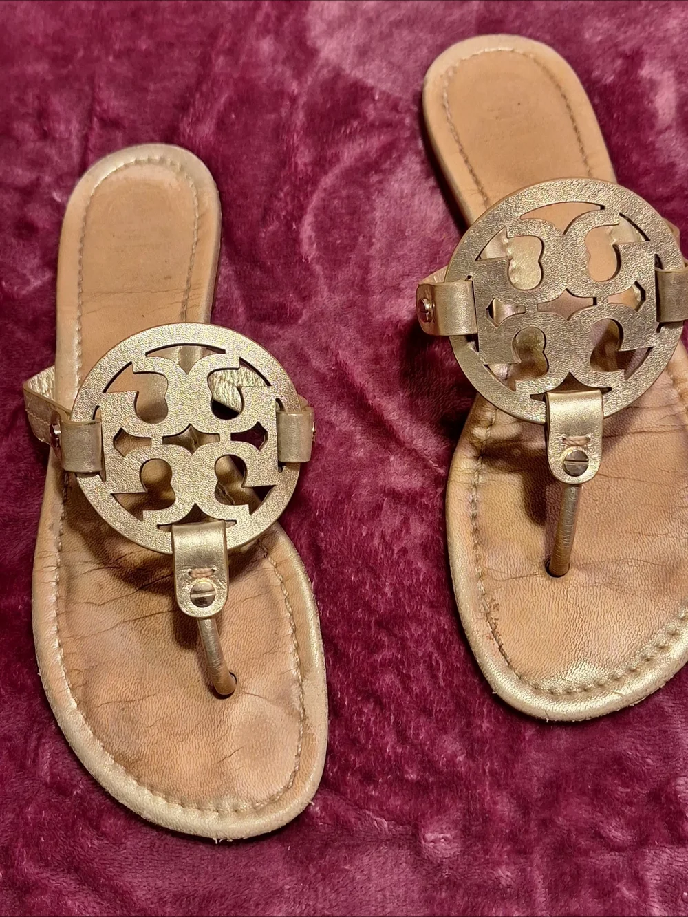 Tory Burch Metallic Gold Leather Logo Thong Sandals